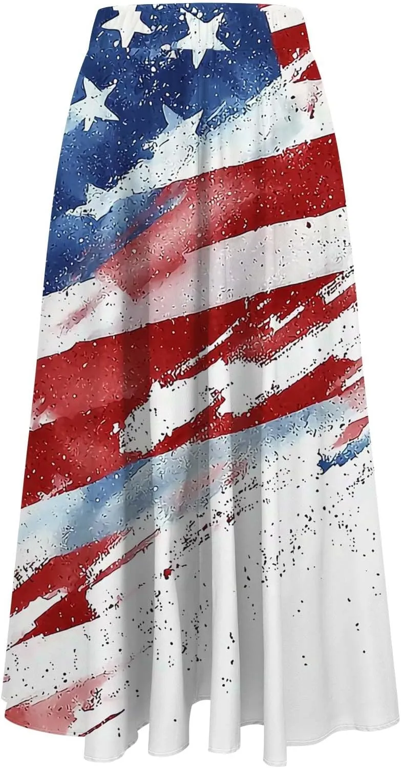 Fashion Independence Day Flowy Long Skirt for Women, Summer High Waist Ruched Casual Skirts Happy Holiday Party Clothes