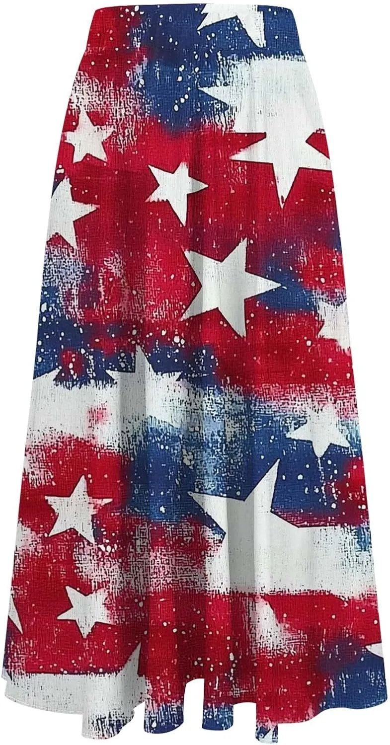 Fashion Independence Day Flowy Long Skirt for Women, Summer High Waist Ruched Casual Skirts Happy Holiday Party Clothes