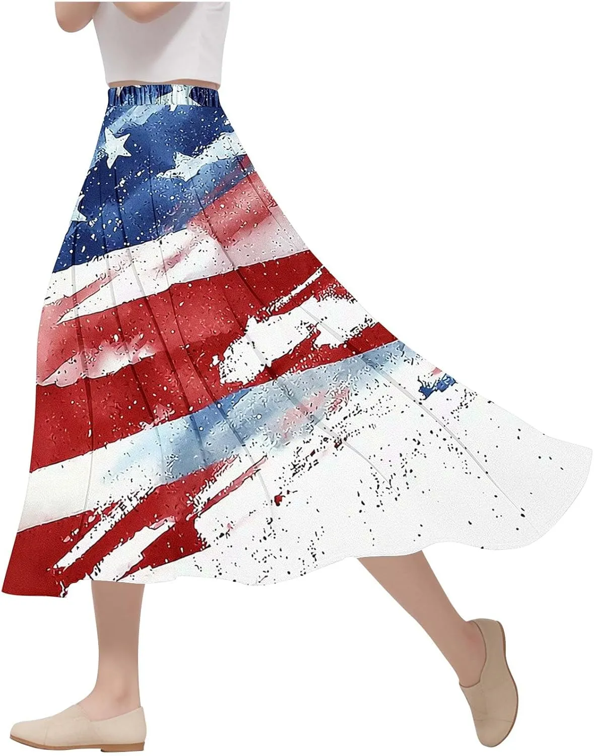 Fashion Independence Day Flowy Long Skirt for Women, Summer High Waist Ruched Casual Skirts Happy Holiday Party Clothes