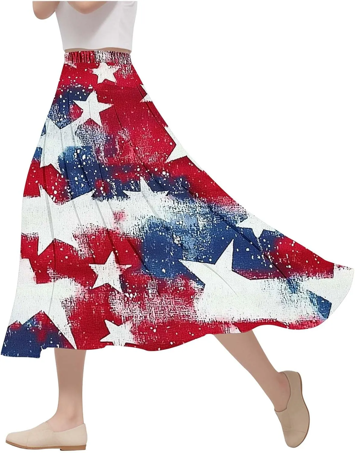 Fashion Independence Day Flowy Long Skirt for Women, Summer High Waist Ruched Casual Skirts Happy Holiday Party Clothes