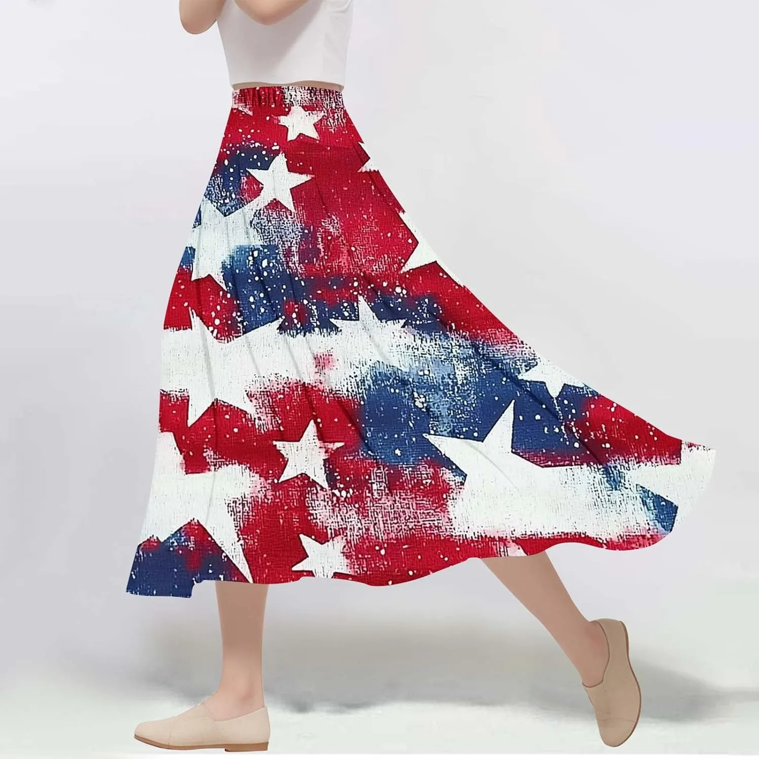 Fashion Independence Day Flowy Long Skirt for Women, Summer High Waist Ruched Casual Skirts Happy Holiday Party Clothes