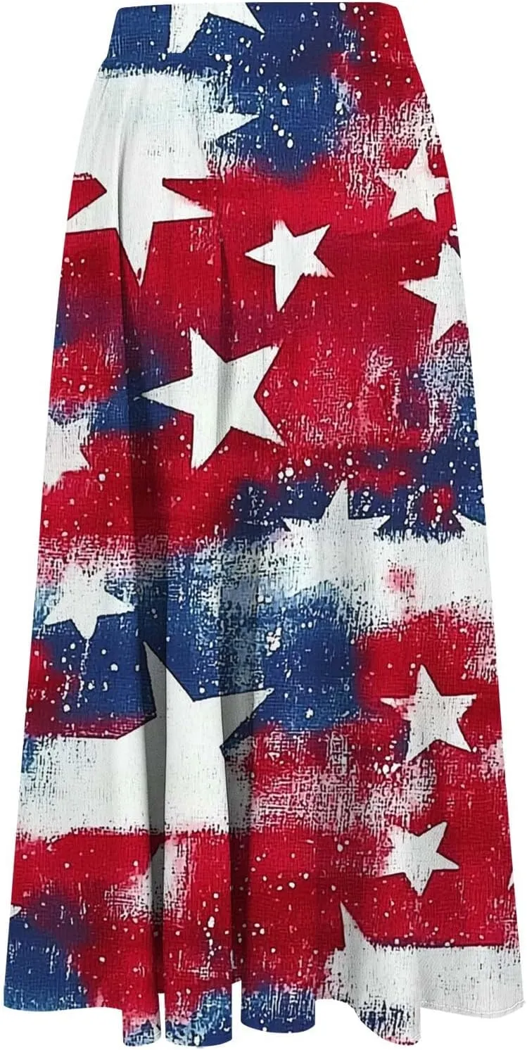Fashion Independence Day Flowy Long Skirt for Women, Summer High Waist Ruched Casual Skirts Happy Holiday Party Clothes