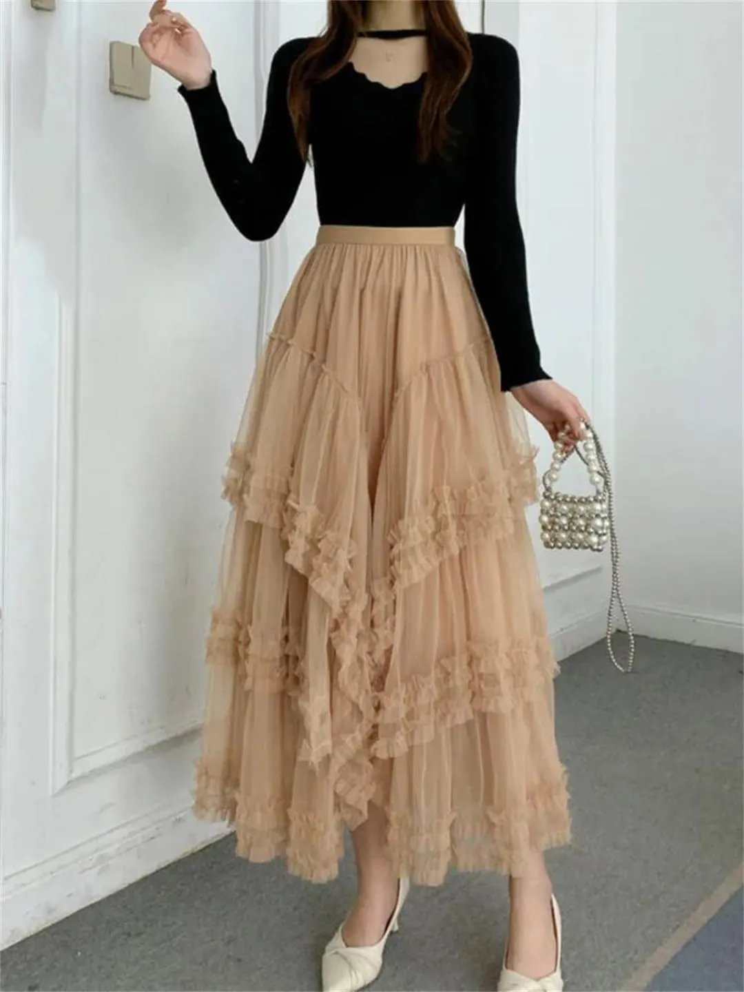 Fashion Ruffles Mesh Skirt for Women High Elastic Waist Solid Color Layers A-Line Skirts