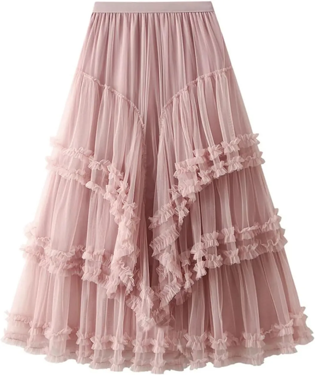 Fashion Ruffles Mesh Skirt for Women High Elastic Waist Solid Color Layers A-Line Skirts