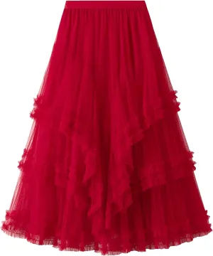 Fashion Ruffles Mesh Skirt for Women High Elastic Waist Solid Color Layers A-Line Skirts