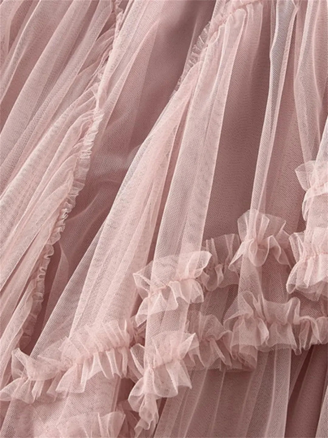 Fashion Ruffles Mesh Skirt for Women High Elastic Waist Solid Color Layers A-Line Skirts