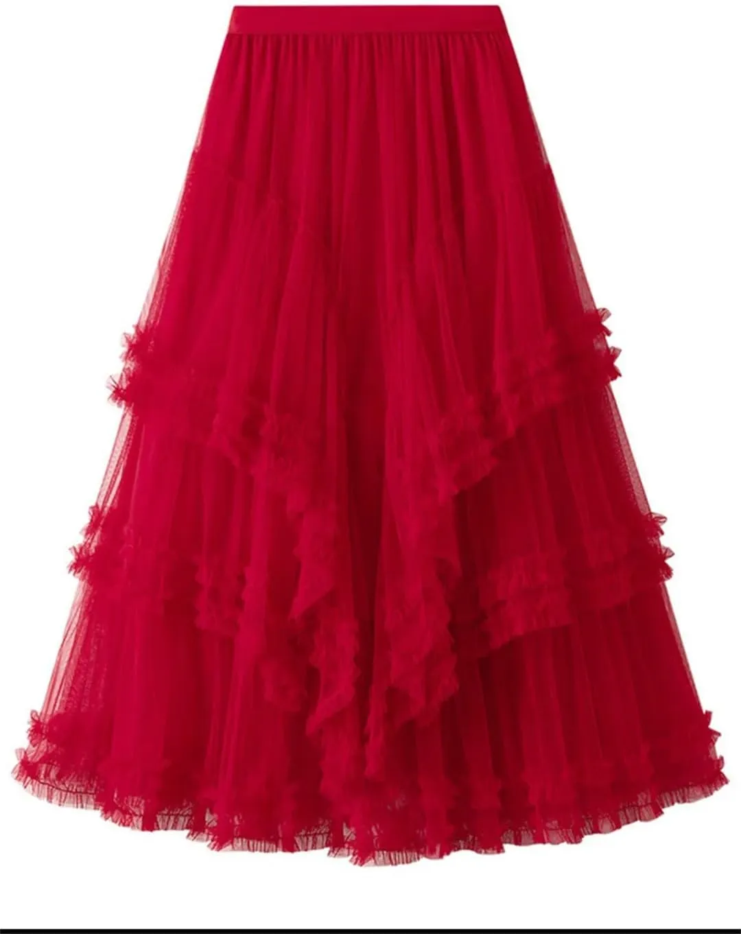 Fashion Ruffles Mesh Skirt for Women High Elastic Waist Solid Color Layers A-Line Skirts