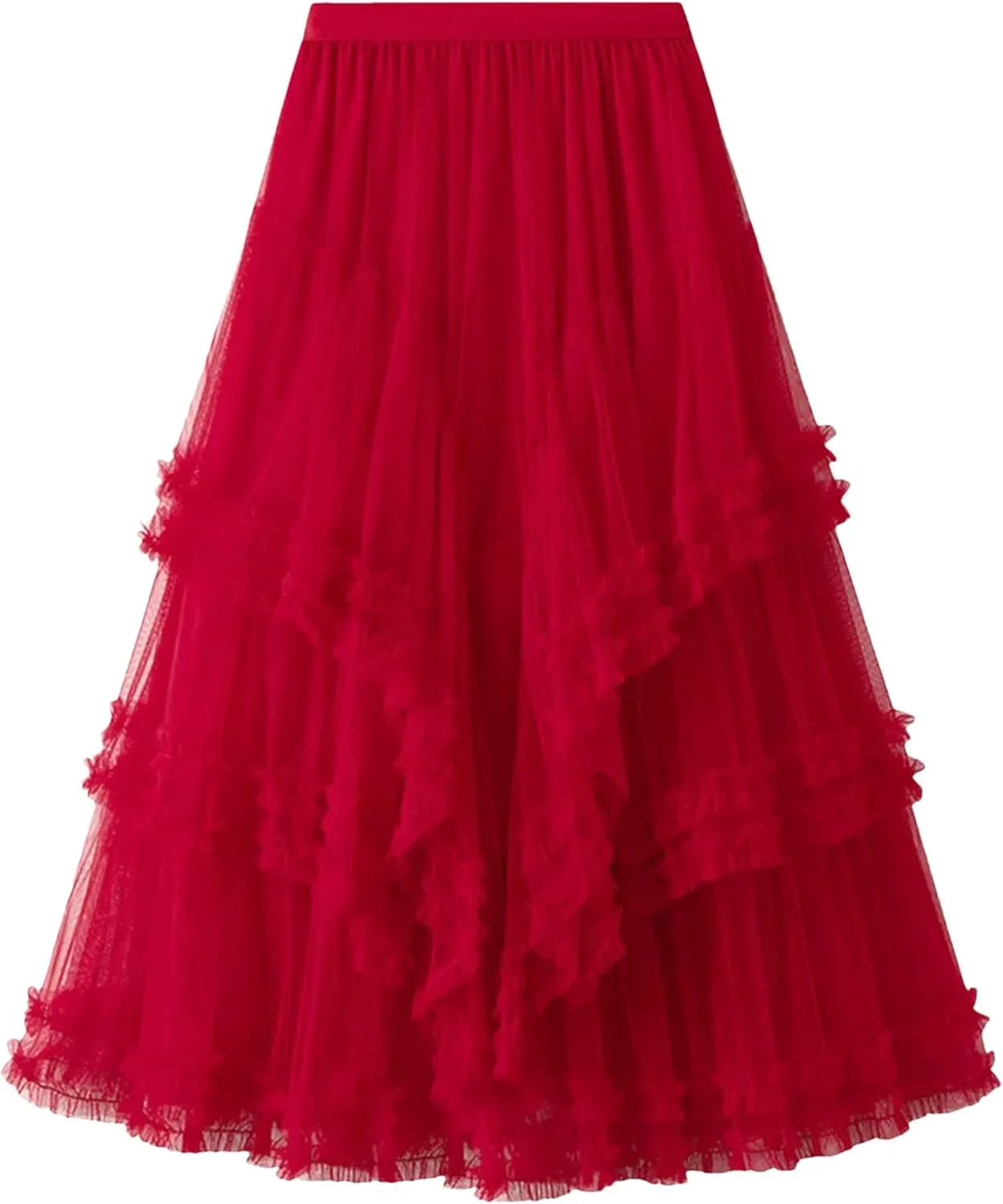 Fashion Ruffles Mesh Skirt for Women High Elastic Waist Solid Color Layers A-Line Skirts