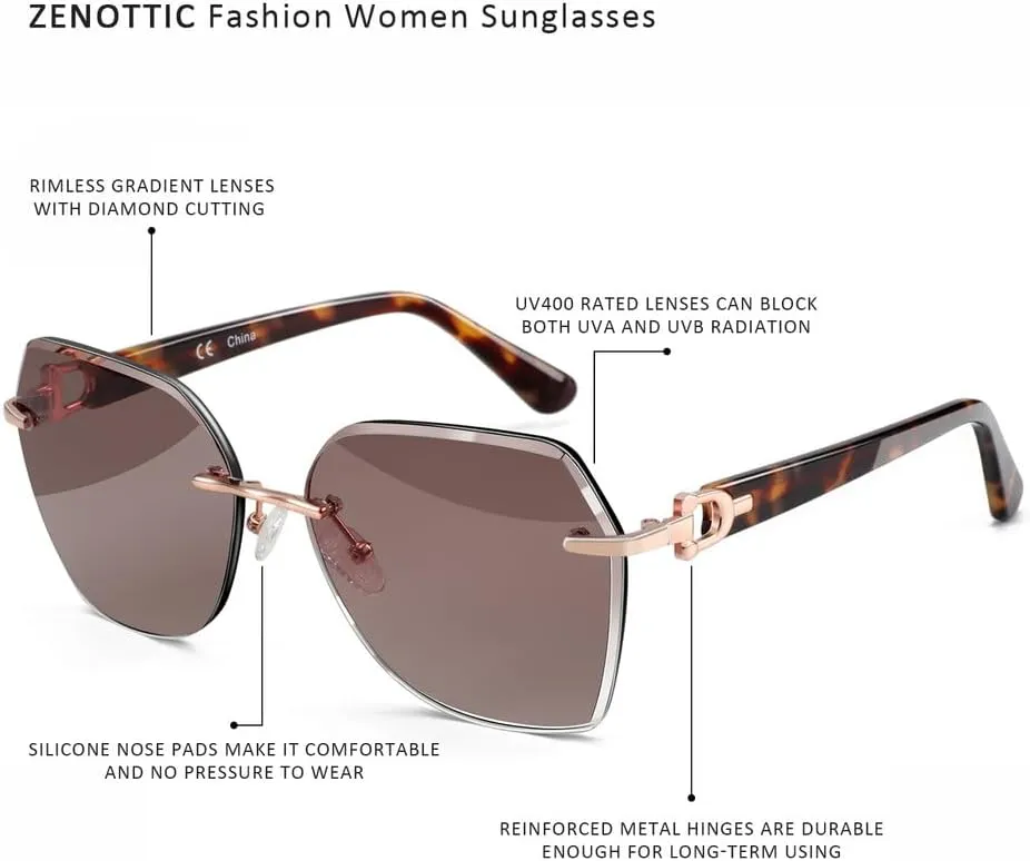 Fashion Women Rimless Sunglasses for Ladies Trendy Geometric Diamond Cutting Gradient Lens