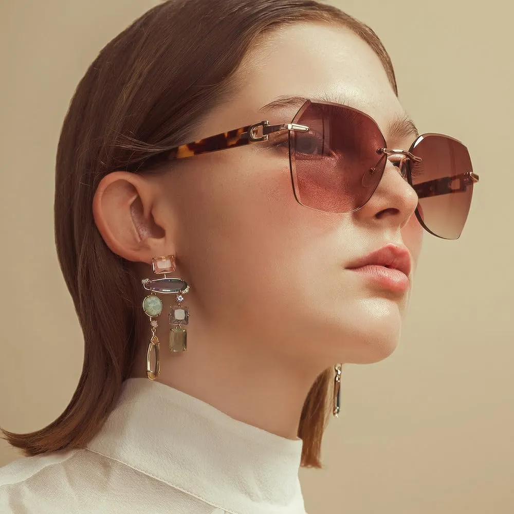 Fashion Women Rimless Sunglasses for Ladies Trendy Geometric Diamond Cutting Gradient Lens