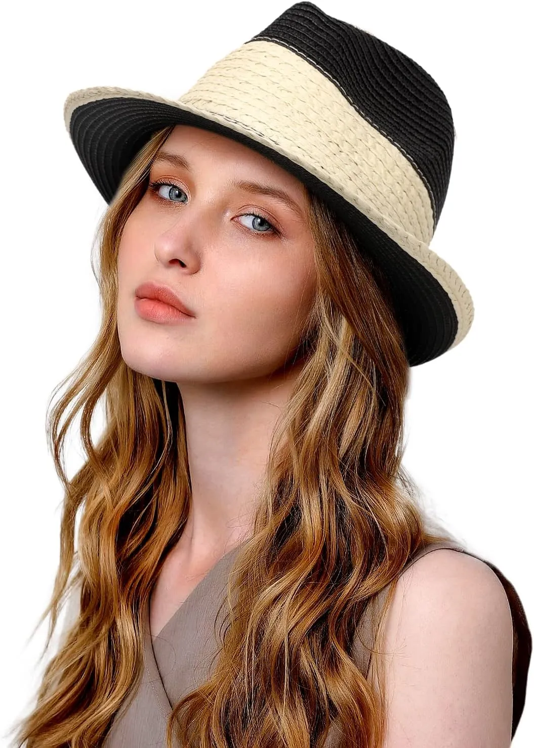 Fedora Straw Sun Hat for Women Mens Short Brim Summer Beach Hats Packable Panama Fedora Hat