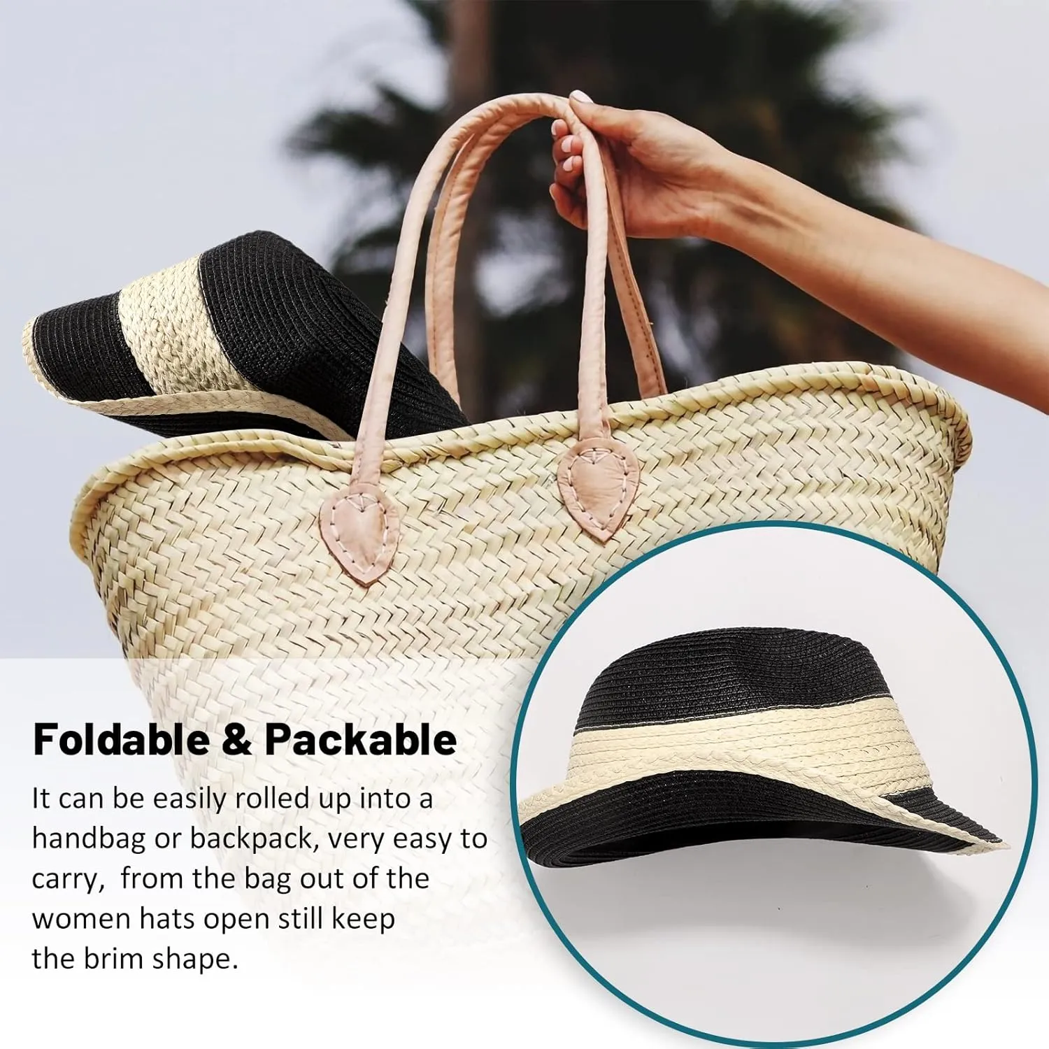 Fedora Straw Sun Hat for Women Mens Short Brim Summer Beach Hats Packable Panama Fedora Hat