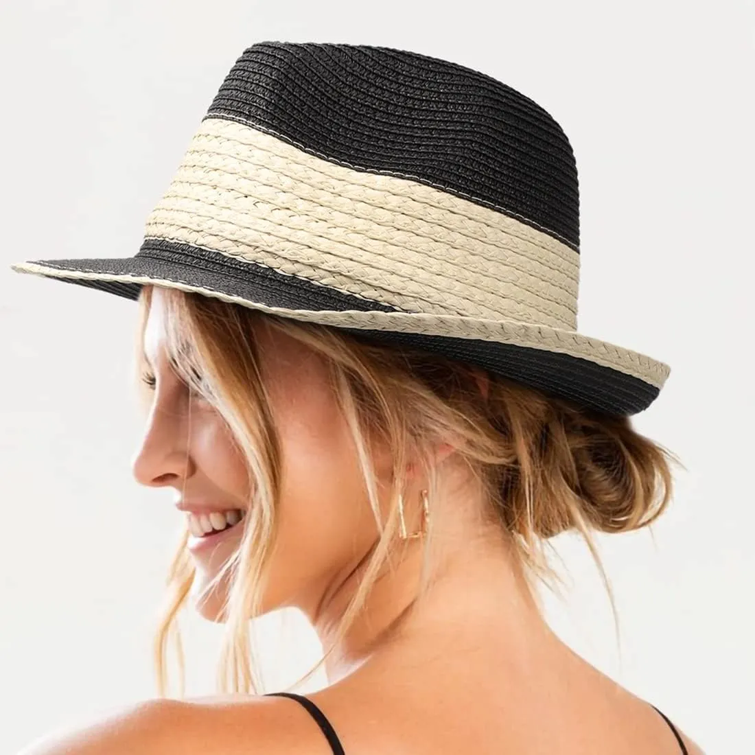 Fedora Straw Sun Hat for Women Mens Short Brim Summer Beach Hats Packable Panama Fedora Hat