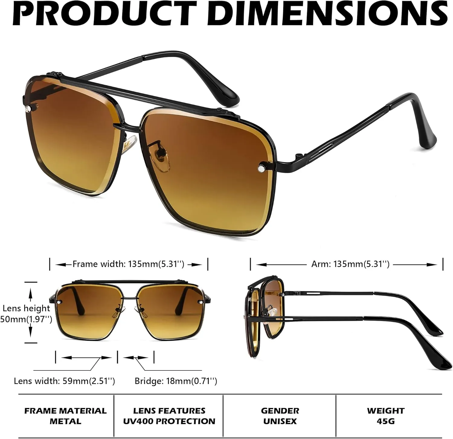FEISEDY Sunglasses, Fashion Square Pilot Sunglasses, Vintage Metal Gradient Glasses for Men and Women, B4104