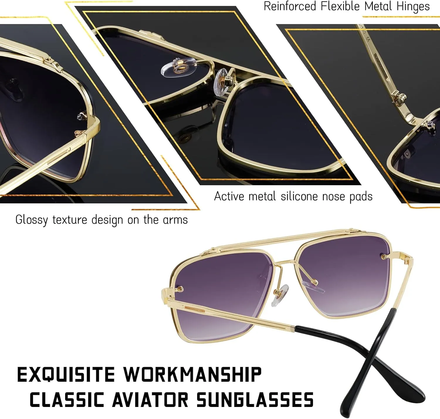 FEISEDY Sunglasses, Fashion Square Pilot Sunglasses, Vintage Metal Gradient Glasses for Men and Women, B4104