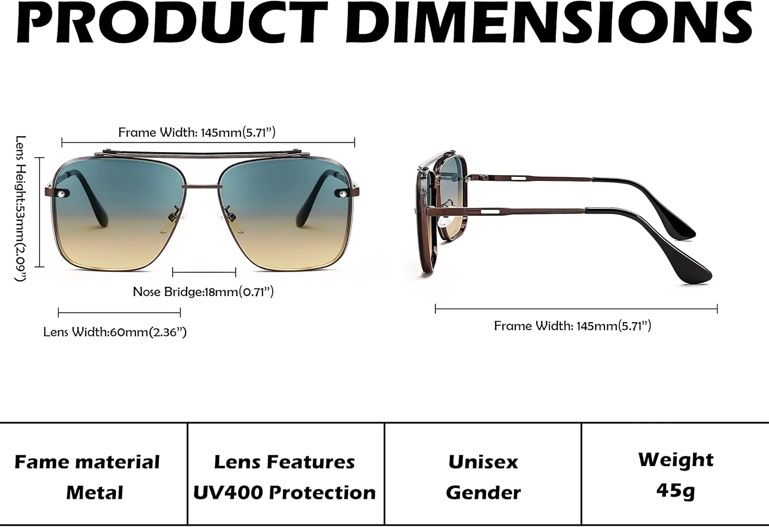 FEISEDY Sunglasses, Fashion Square Pilot Sunglasses, Vintage Metal Gradient Glasses for Men and Women, B4104