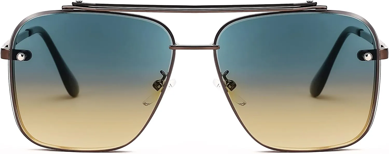 FEISEDY Sunglasses, Fashion Square Pilot Sunglasses, Vintage Metal Gradient Glasses for Men and Women, B4104