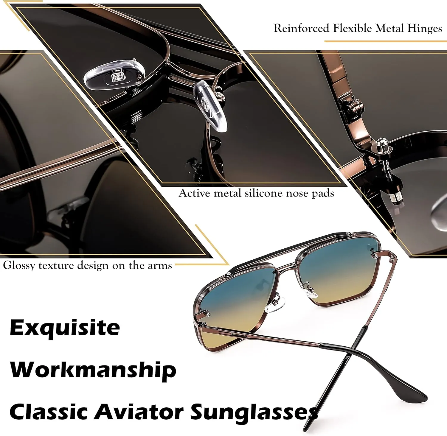 FEISEDY Sunglasses, Fashion Square Pilot Sunglasses, Vintage Metal Gradient Glasses for Men and Women, B4104