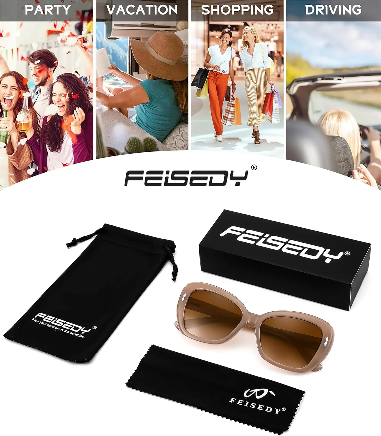 FEISEDY Sunglasses Womens, Vintage Square Cat Eye Sun Glasses, UV Protection Gradient Lens B9121