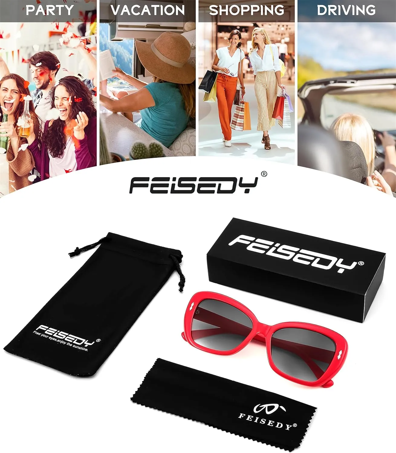 FEISEDY Sunglasses Womens, Vintage Square Cat Eye Sun Glasses, UV Protection Gradient Lens B9121