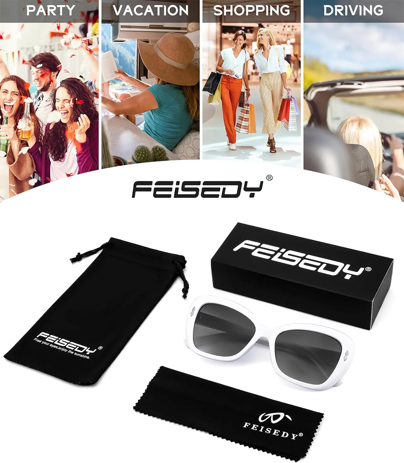 FEISEDY Sunglasses Womens, Vintage Square Cat Eye Sun Glasses, UV Protection Gradient Lens B9121