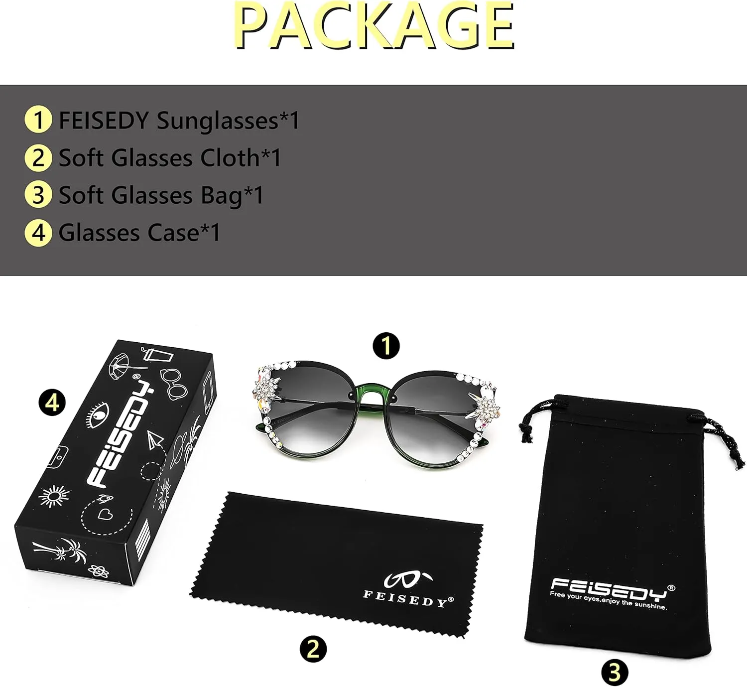 FEISEDY Women Diamond Sunglasses Cat Eye Oversized Gradient Lens Sparkling Vintage Sunglasses B2964