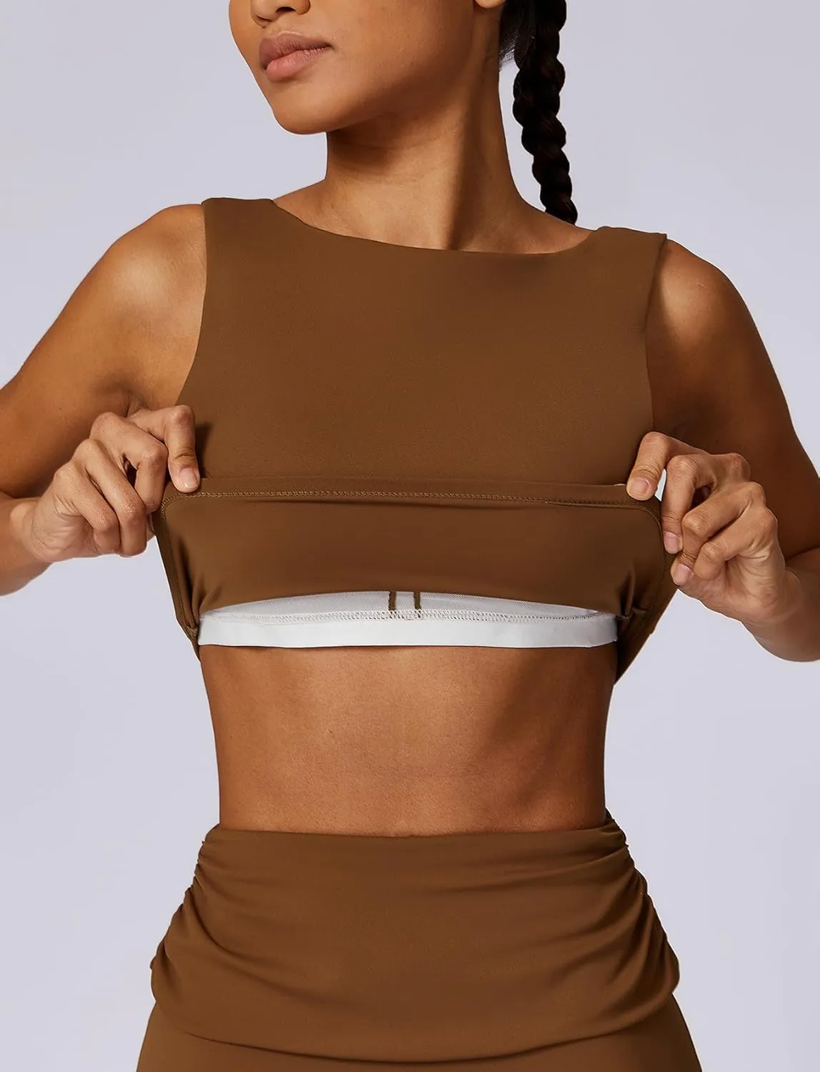 FEOYA Women Elegant Boat Neck Workout Bra Tank Top Open Back Push Up Sports Bra Built-in Shelf Bra Crop Top