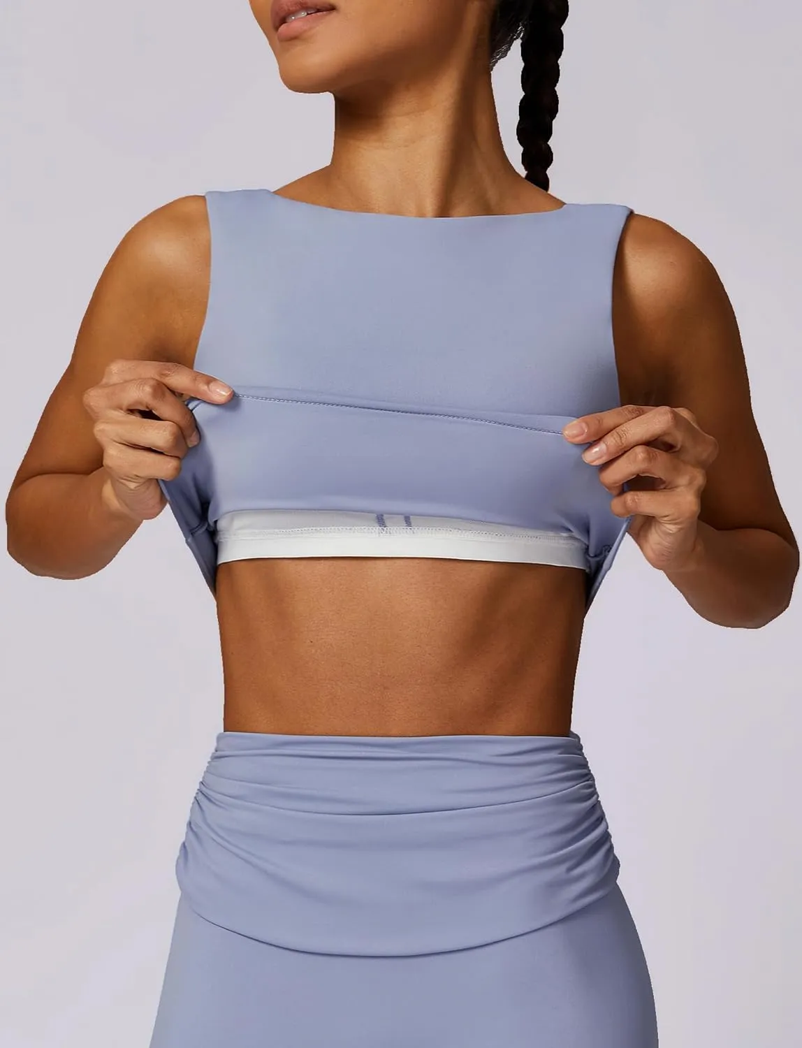 FEOYA Women Elegant Boat Neck Workout Bra Tank Top Open Back Push Up Sports Bra Built-in Shelf Bra Crop Top