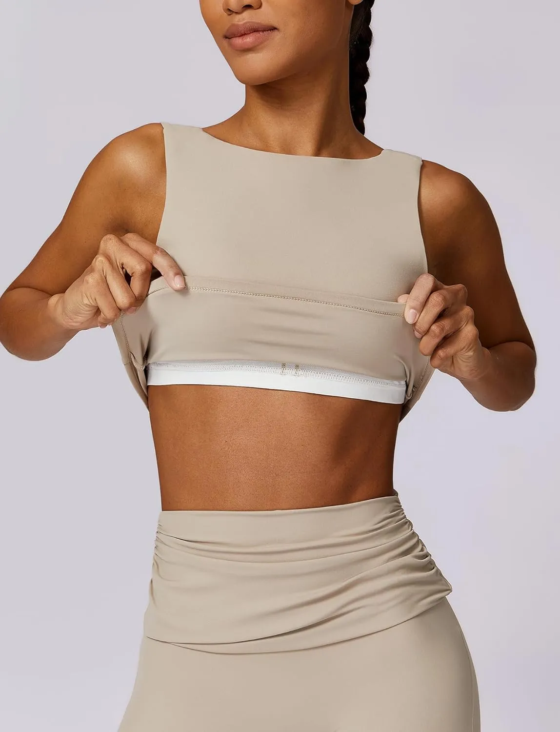 FEOYA Women Elegant Boat Neck Workout Bra Tank Top Open Back Push Up Sports Bra Built-in Shelf Bra Crop Top