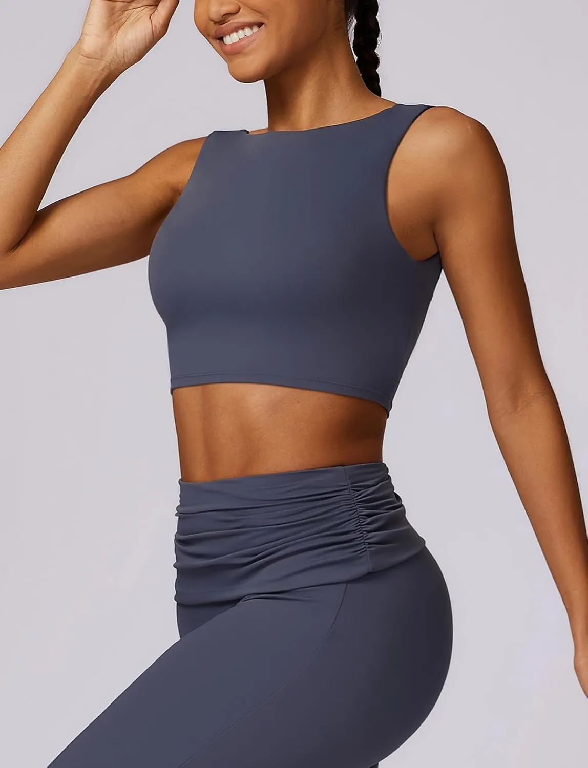 FEOYA Women Elegant Boat Neck Workout Bra Tank Top Open Back Push Up Sports Bra Built-in Shelf Bra Crop Top