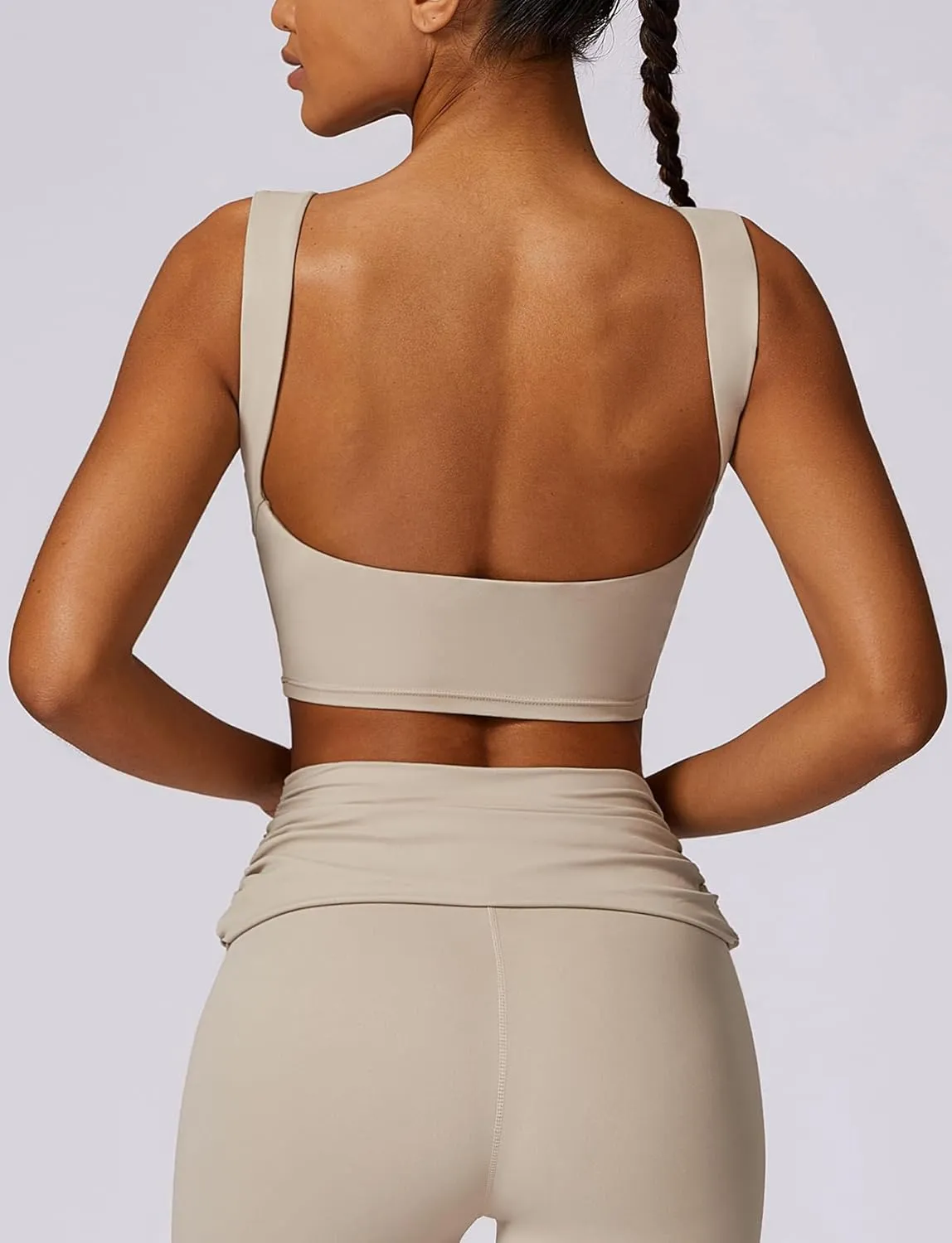 FEOYA Women Elegant Boat Neck Workout Bra Tank Top Open Back Push Up Sports Bra Built-in Shelf Bra Crop Top
