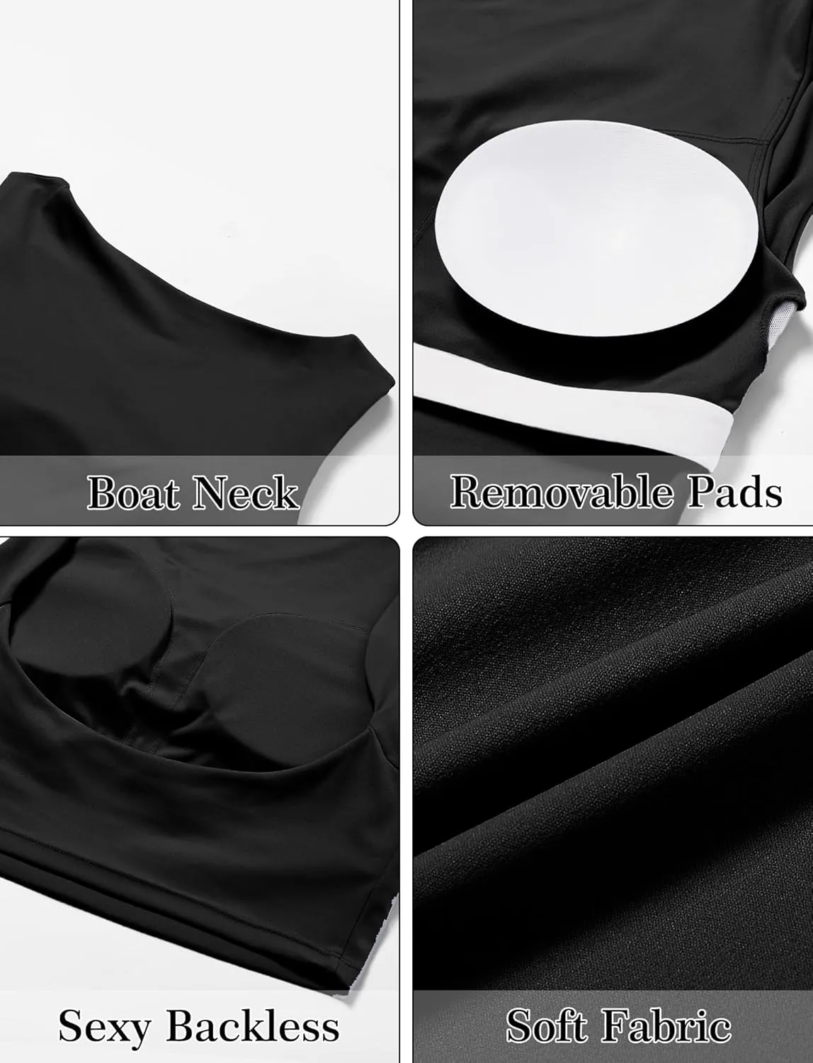 FEOYA Women Elegant Boat Neck Workout Bra Tank Top Open Back Push Up Sports Bra Built-in Shelf Bra Crop Top