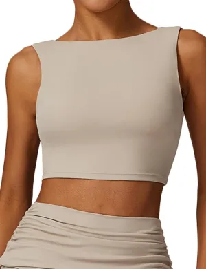 FEOYA Women Elegant Boat Neck Workout Bra Tank Top Open Back Push Up Sports Bra Built-in Shelf Bra Crop Top