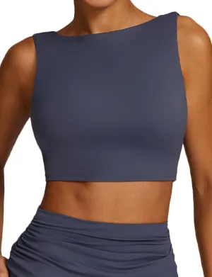 FEOYA Women Elegant Boat Neck Workout Bra Tank Top Open Back Push Up Sports Bra Built-in Shelf Bra Crop Top