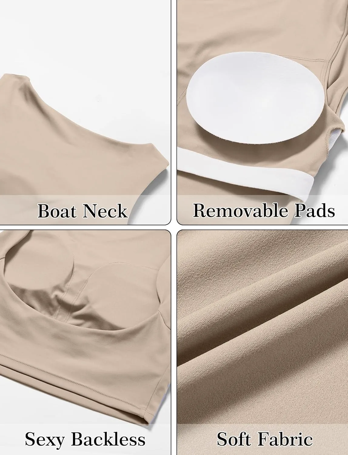 FEOYA Women Elegant Boat Neck Workout Bra Tank Top Open Back Push Up Sports Bra Built-in Shelf Bra Crop Top