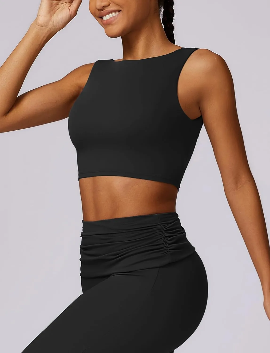 FEOYA Women Elegant Boat Neck Workout Bra Tank Top Open Back Push Up Sports Bra Built-in Shelf Bra Crop Top