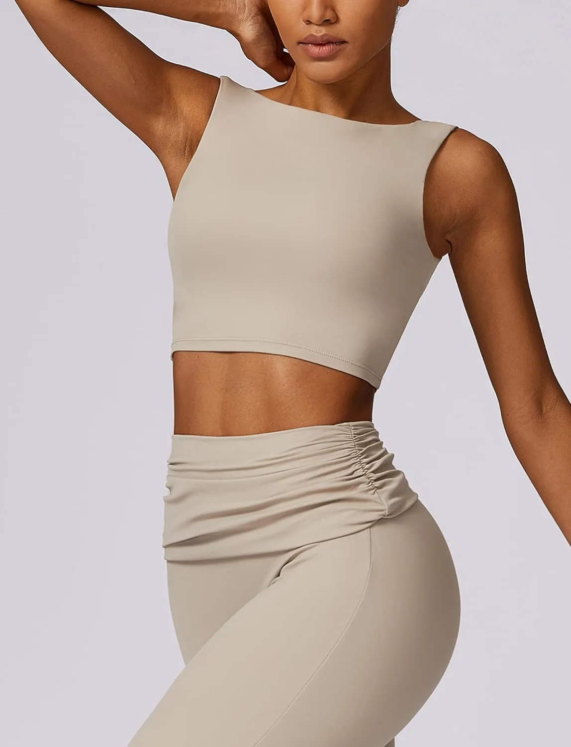 FEOYA Women Elegant Boat Neck Workout Bra Tank Top Open Back Push Up Sports Bra Built-in Shelf Bra Crop Top