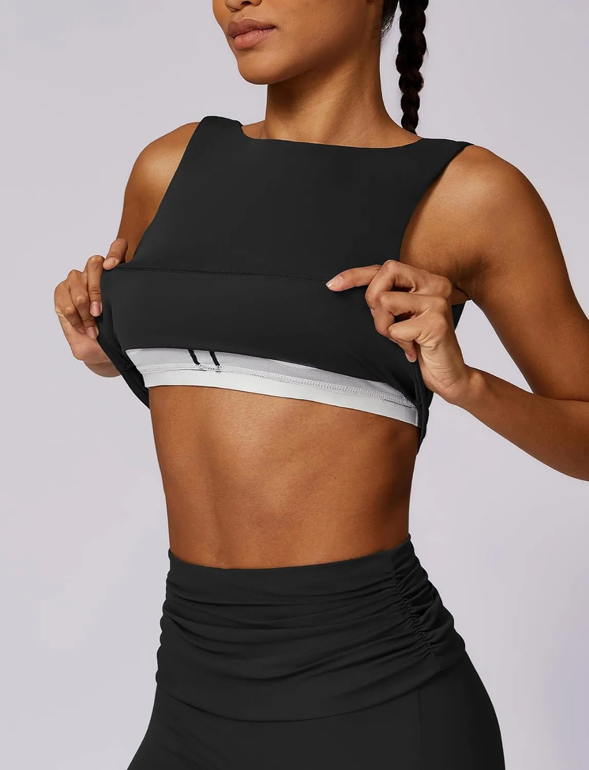 FEOYA Women Elegant Boat Neck Workout Bra Tank Top Open Back Push Up Sports Bra Built-in Shelf Bra Crop Top
