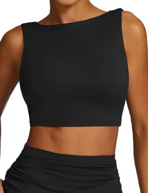 FEOYA Women Elegant Boat Neck Workout Bra Tank Top Open Back Push Up Sports Bra Built-in Shelf Bra Crop Top