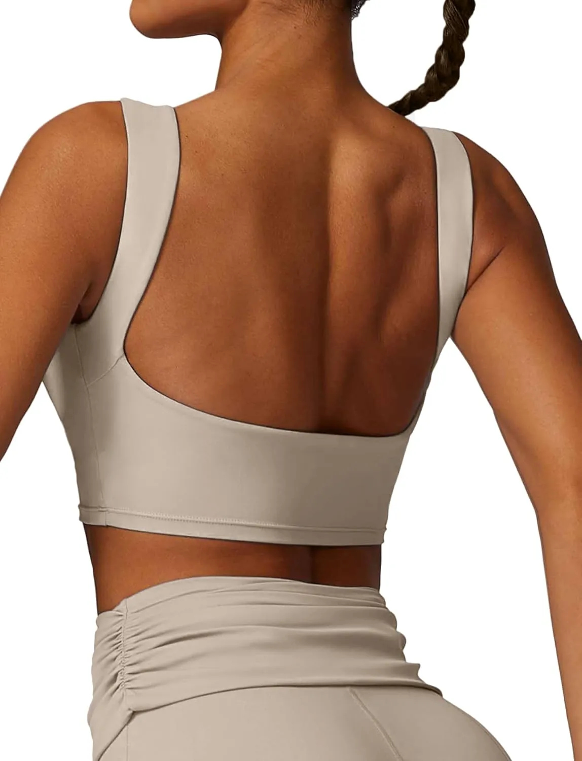 FEOYA Women Elegant Boat Neck Workout Bra Tank Top Open Back Push Up Sports Bra Built-in Shelf Bra Crop Top