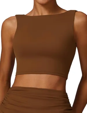 FEOYA Women Elegant Boat Neck Workout Bra Tank Top Open Back Push Up Sports Bra Built-in Shelf Bra Crop Top