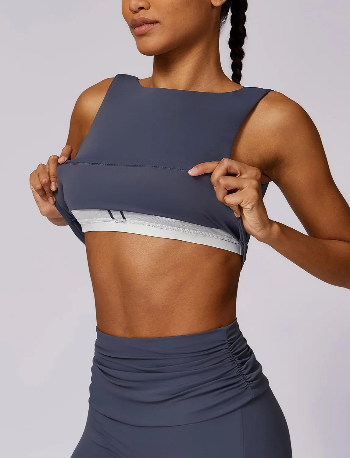 FEOYA Women Elegant Boat Neck Workout Bra Tank Top Open Back Push Up Sports Bra Built-in Shelf Bra Crop Top