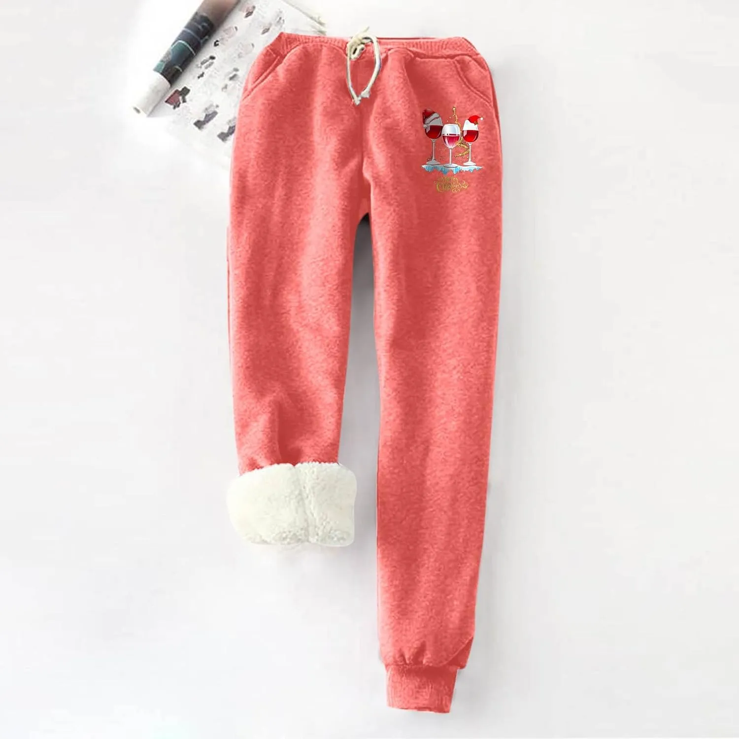 Fleece Lined Sweatpants for Women Wine Glasses Print Sherpa Lined Warm Winter Joggers Soft Trendy Lounge Pants 2023