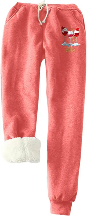 Fleece Lined Sweatpants for Women Wine Glasses Print Sherpa Lined Warm Winter Joggers Soft Trendy Lounge Pants 2023