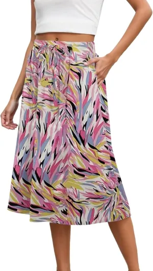 Floral Boho Skirts for Women with Pockets 2025 Summer Elastic Waisted Flowy A-Line Midi Skirt