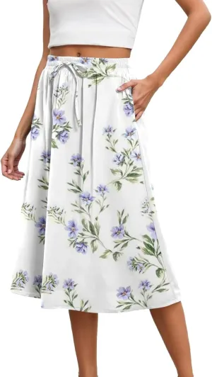 Floral Skirts for Women Casual Drawstring Elastic Waisted A-Line Boho Beach Vacation Skirt with Pockets