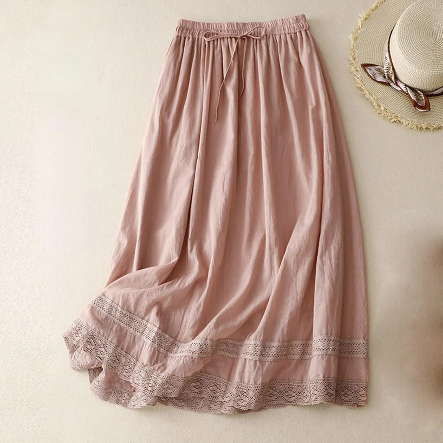 Flowy Cotton Linen Skirt for Women High Waist Drawstring Maxi Skirts Lightweight Casual Boho Skirt Clothes
