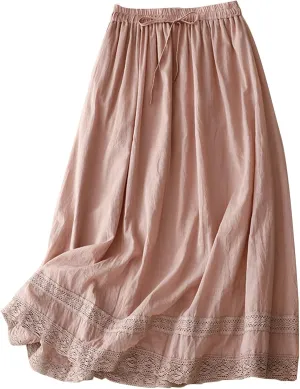 Flowy Cotton Linen Skirt for Women High Waist Drawstring Maxi Skirts Lightweight Casual Boho Skirt Clothes