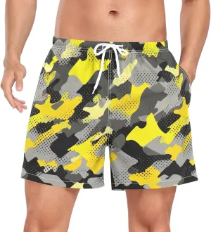 Gray Yellow Camouflage Mens Athletic Shorts Quick Dry Lightweight Workout Shorts