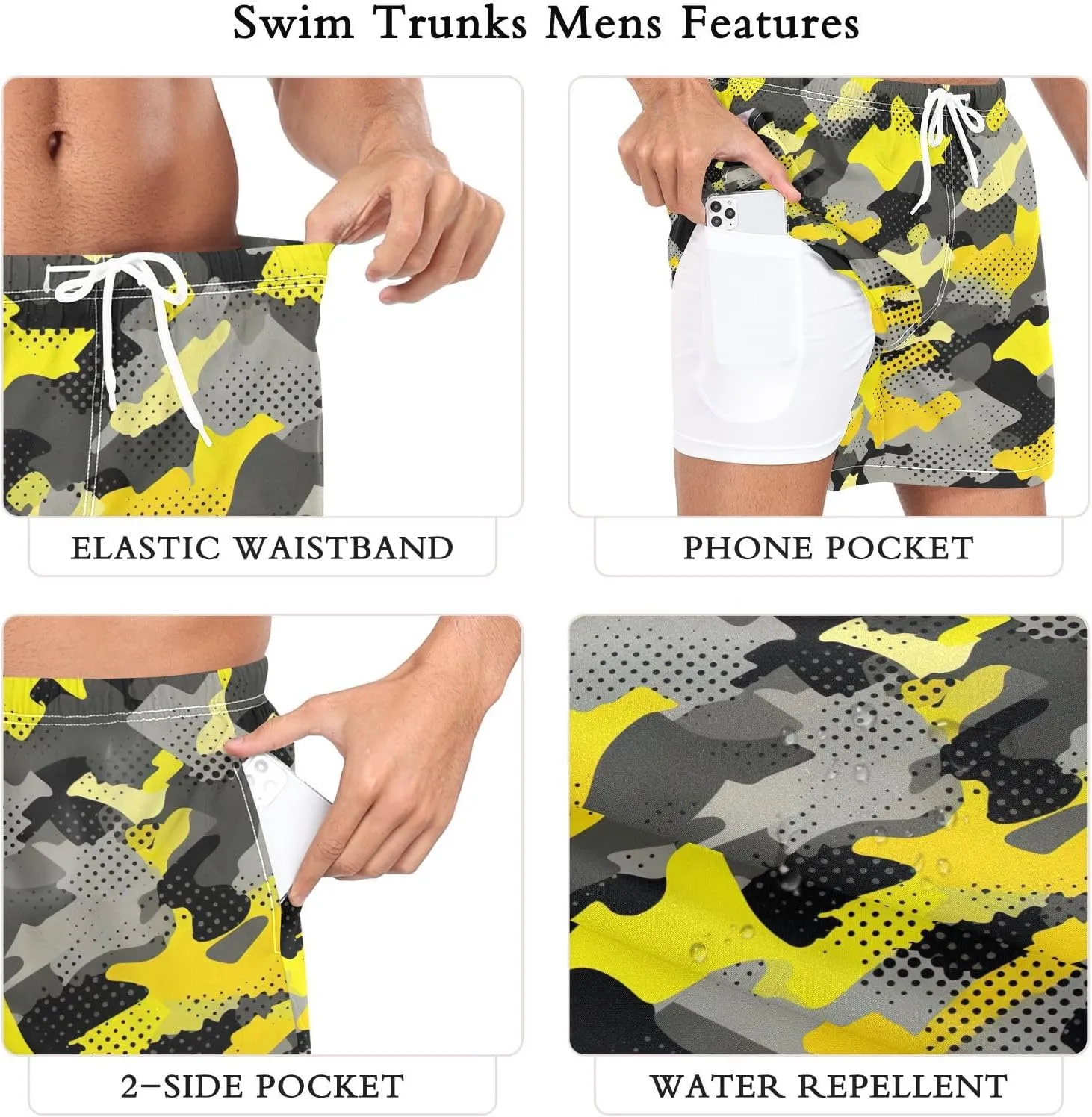 Gray Yellow Camouflage Mens Athletic Shorts Quick Dry Lightweight Workout Shorts